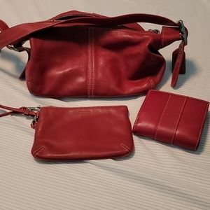 Coach red leather handbag with wristlet and wallet